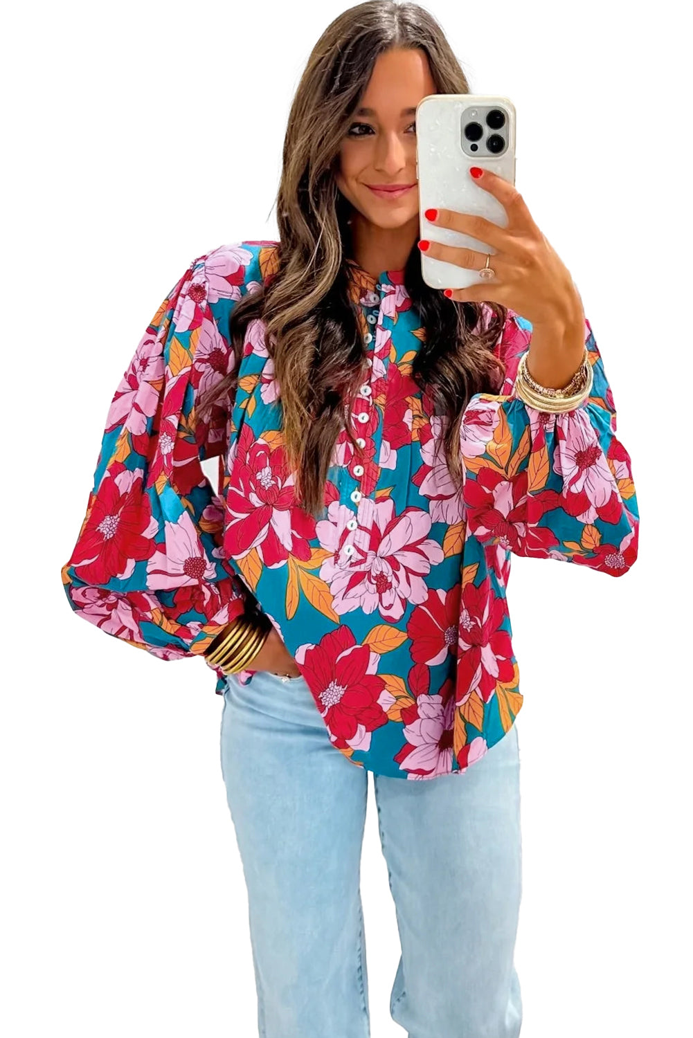 *Website Exclusive* Harper Red Floral Print Balloon Sleeve Half Buttons Blouse