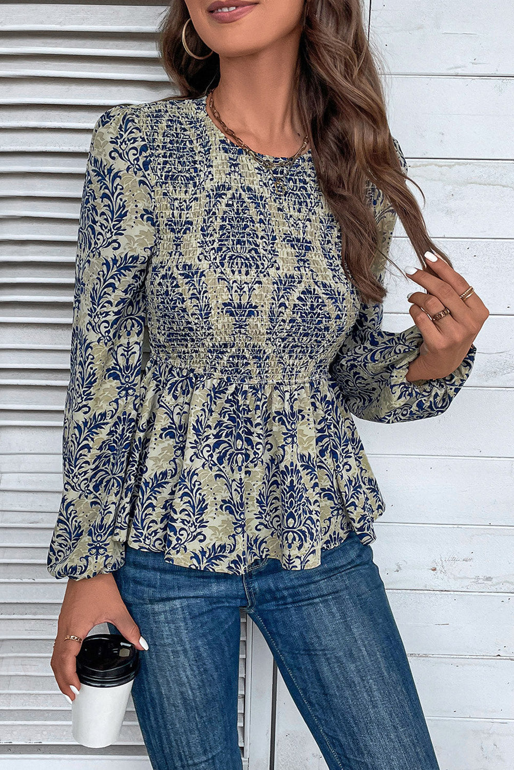 *WEBSITE EXCLUSIVE* Blue Smocked Peplum Blouse