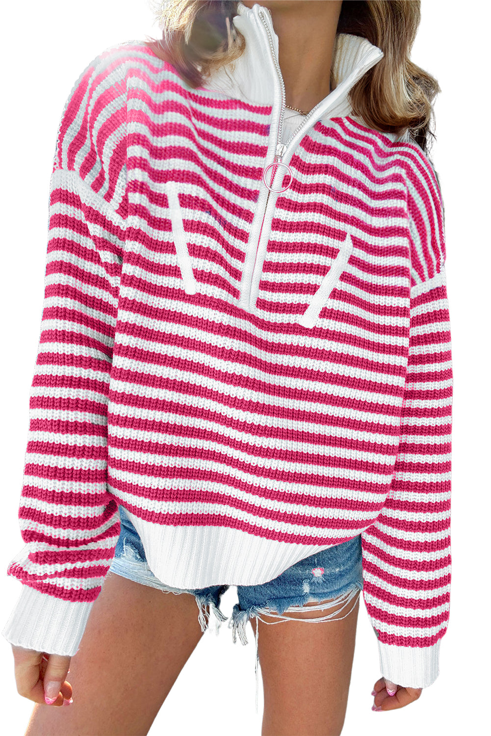 *Website Exclusive * Olivia Stripe Zip Up Collar Drop Sleeve Sweater