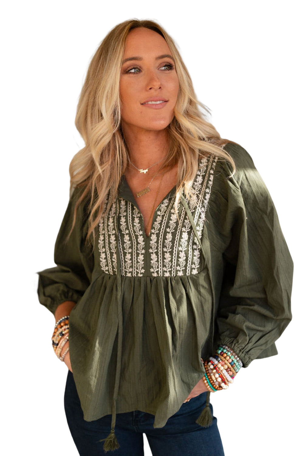 *WEBSITE EXCLUSIVE* Green Embroidered Split Neck Pleated Loose Blouse