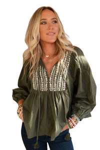 *WEBSITE EXCLUSIVE* Green Embroidered Split Neck Pleated Loose Blouse