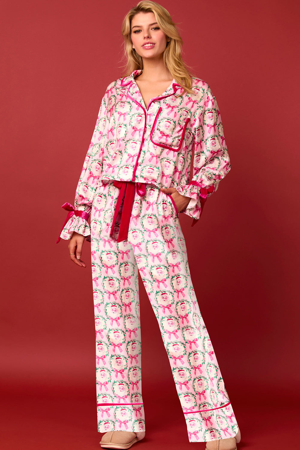 *Website Exclusive* Estimated Ship Date 11/27 Pink Santa Claus Bow Long Sleeve Lapel Collar Pajama Set