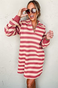 *Website Exclusive* Stripe Pocketed Collared V Neck Loose Fit Mini Dress