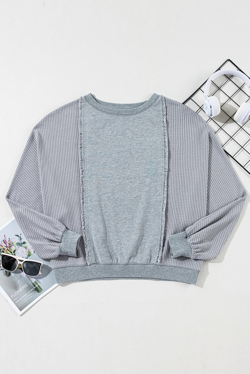 *WEBSITE EXCLUSIVE* Light Grey Waffle Patchwork Long SleeveTop