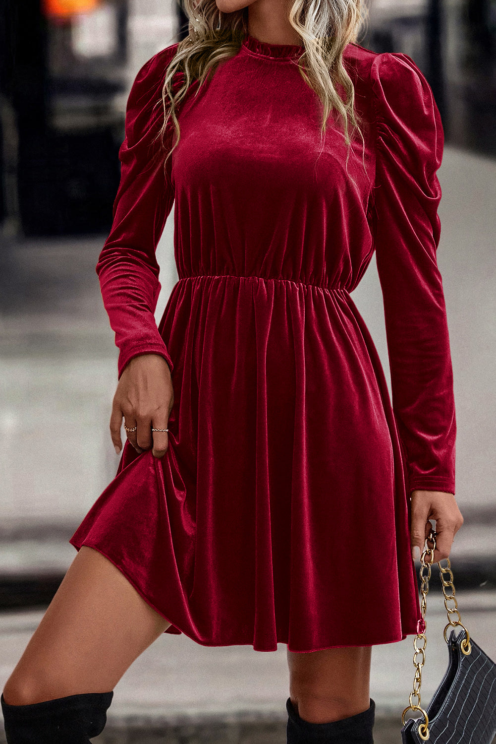 *Website Exclusive* Velvet Frilled Neck Gigot Sleeve Swing Dress