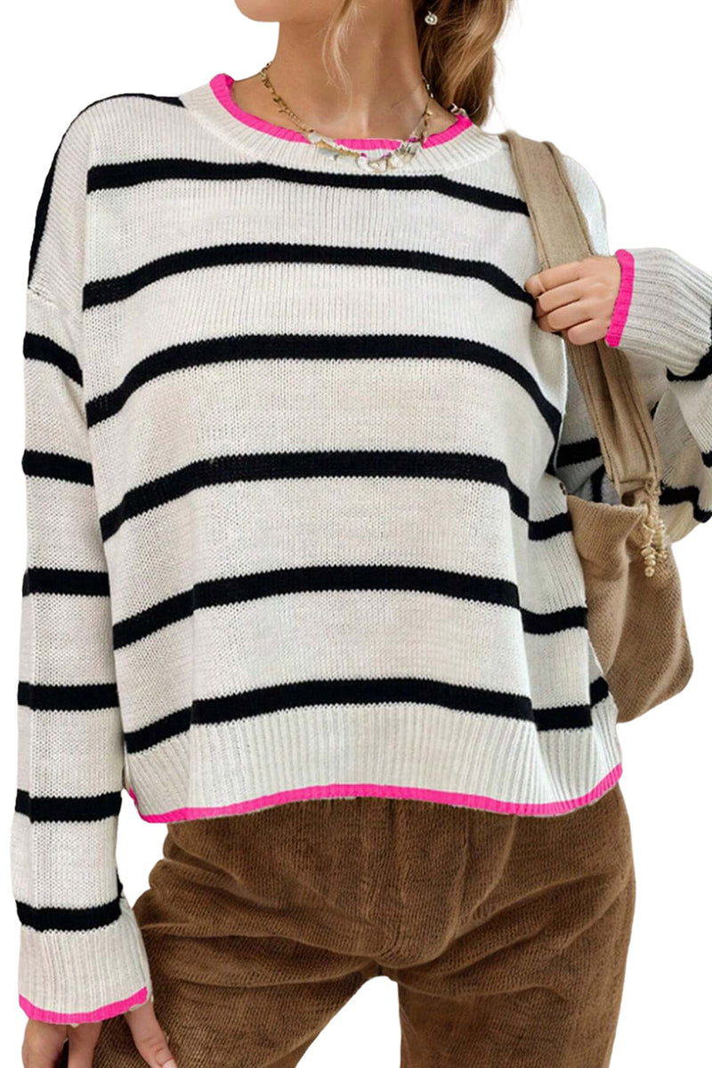 *WEBSITE EXCLUSIVE* Tess White Stripe Contrast Trim Drop Shoulder Sweater