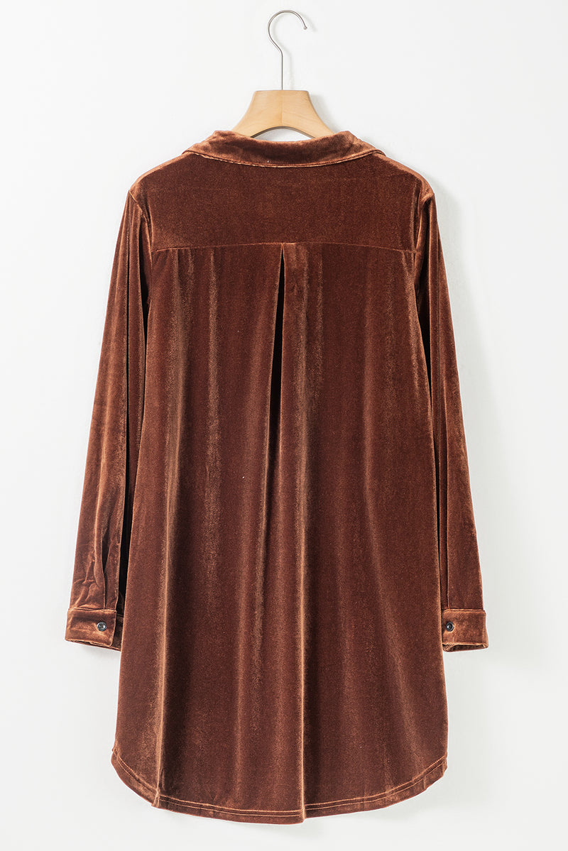 *Website Exclusive* Coffee Roll Tab Sleeve Collared V Neck Velvet Dress