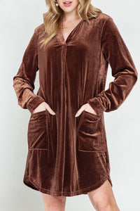 *Website Exclusive* Coffee Roll Tab Sleeve Collared V Neck Velvet Dress