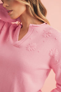 *WEBSITE EXCLUSIVE*  Matilda Flower Pattern Knitted Notched Neck Sweater