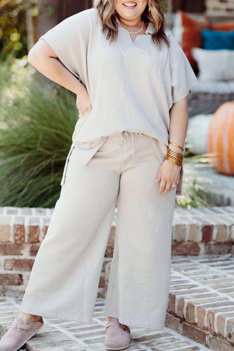 *WEBSITE EXCLUSIVE* Beige Plus Size Textured Collared Top and Drawstring Pants Set