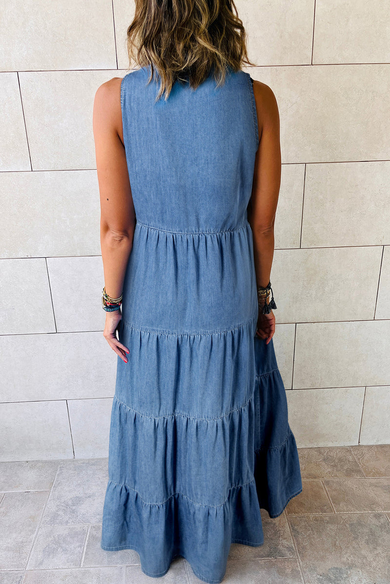 *WEBSITE EXCLUSIVE*  Sleeveless Tiered Chambray Maxi Dress