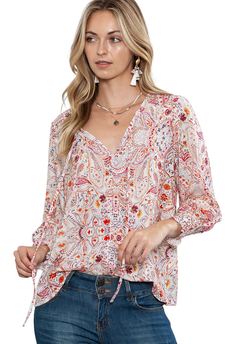 *WEBSITE EXCLUSIVE* Red Boho Paisley Print Shirred Cuffs Blouse