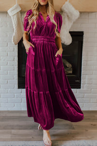 *Website Exclusive* Taylor Velvet Puff Short Sleeve Smocked Waist Tiered Maxi Dress