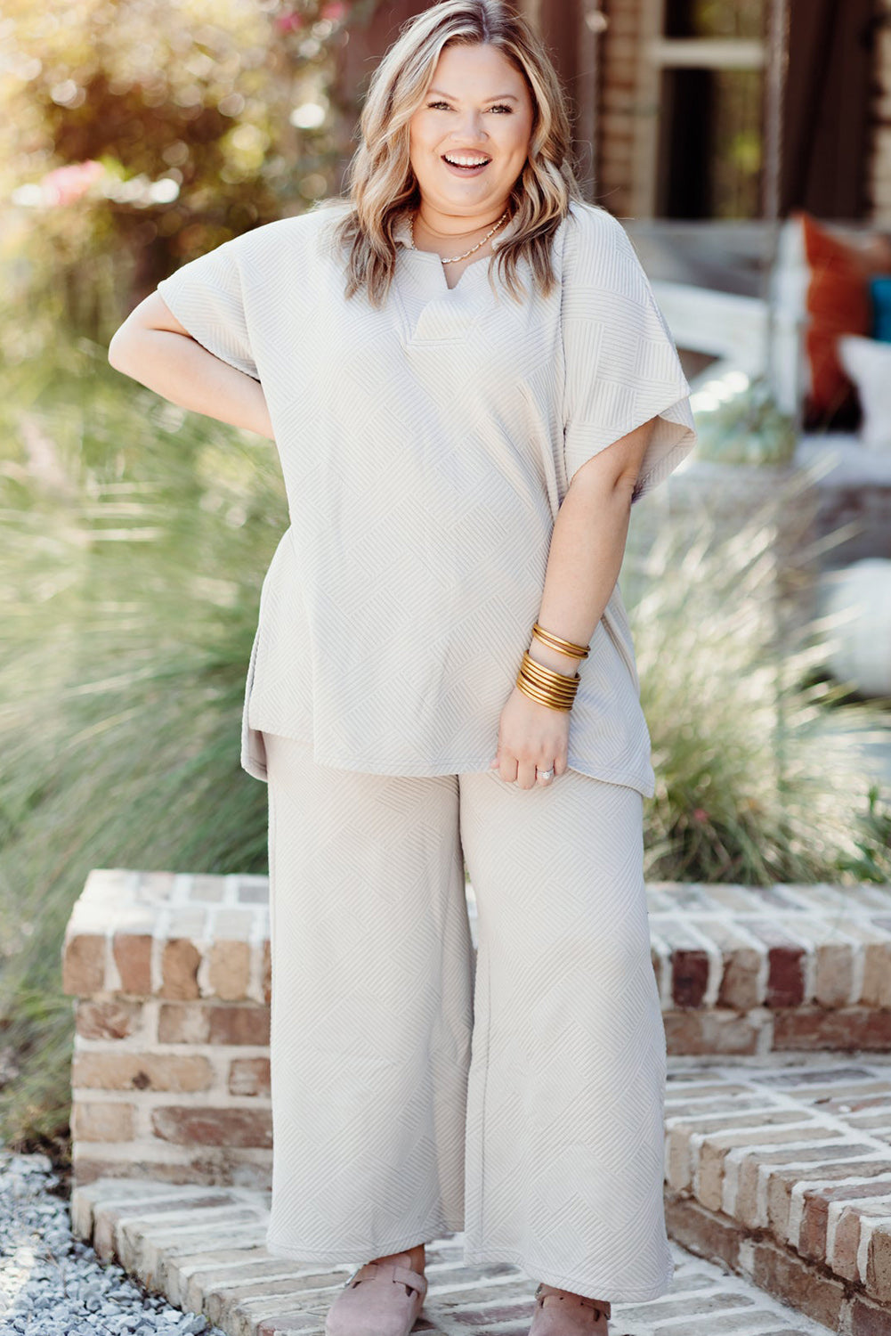 *WEBSITE EXCLUSIVE* Beige Plus Size Textured Collared Top and Drawstring Pants Set