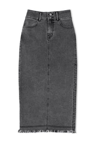 *Website Exclusive* Black Raw Edge Side Slits Buttoned Midi Denim Skirt