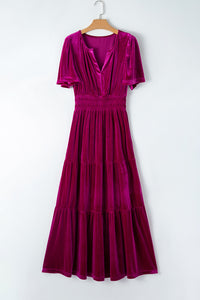 *Website Exclusive* Taylor Velvet Puff Short Sleeve Smocked Waist Tiered Maxi Dress