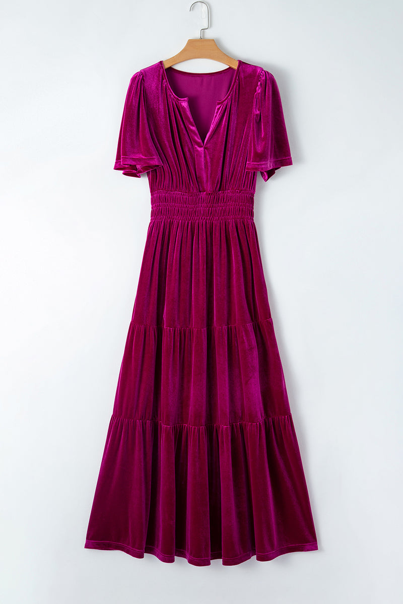 *Website Exclusive* Taylor Velvet Puff Short Sleeve Smocked Waist Tiered Maxi Dress