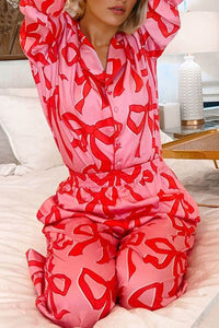 *Website Exclusive* Pink Bow Button Up and Loose Pants Pajama Set