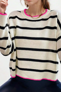 *WEBSITE EXCLUSIVE* Tess White Stripe Contrast Trim Drop Shoulder Sweater