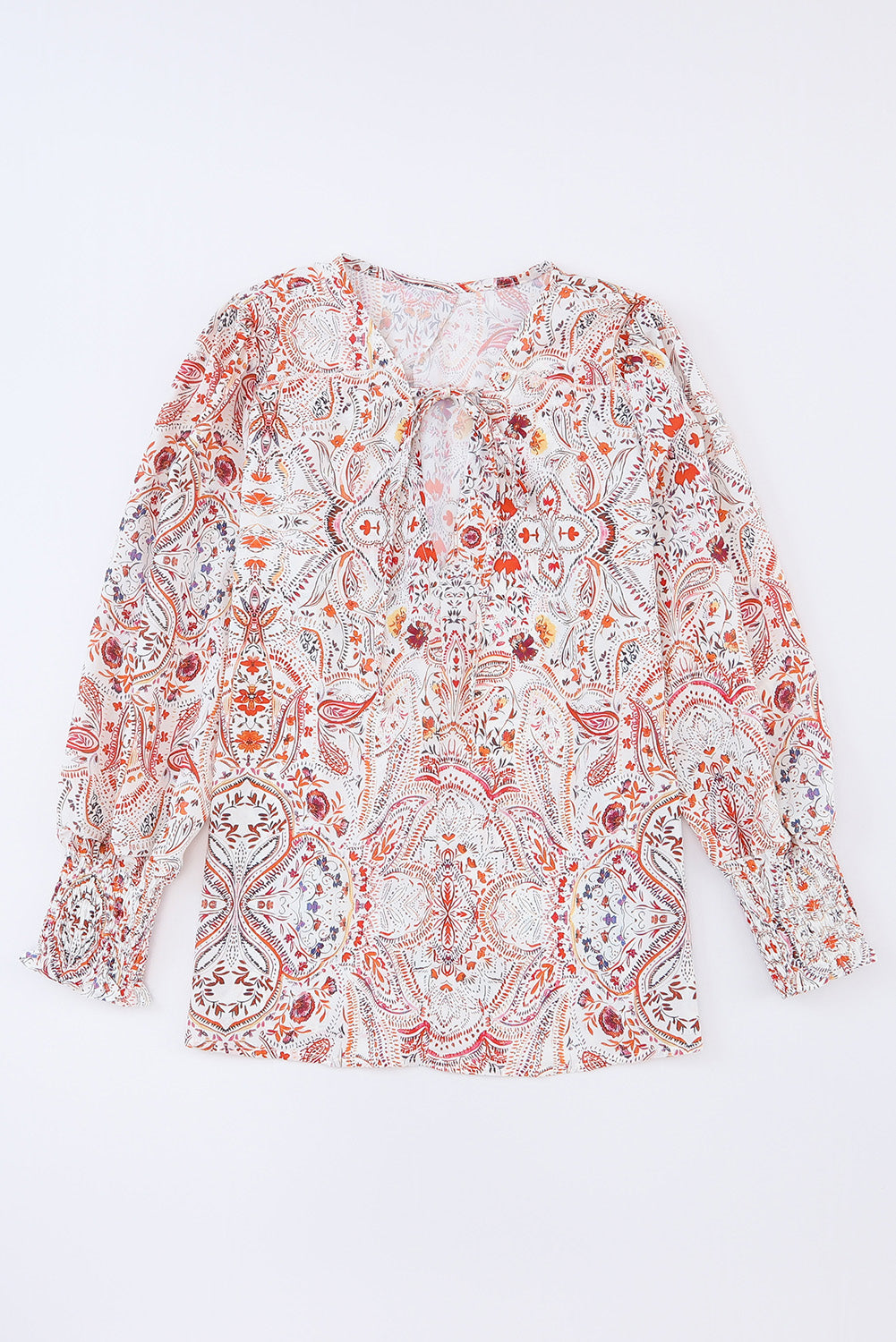 *WEBSITE EXCLUSIVE* Red Boho Paisley Print Shirred Cuffs Blouse