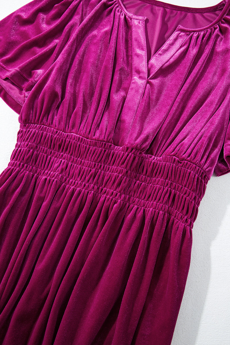 *Website Exclusive* Taylor Velvet Puff Short Sleeve Smocked Waist Tiered Maxi Dress