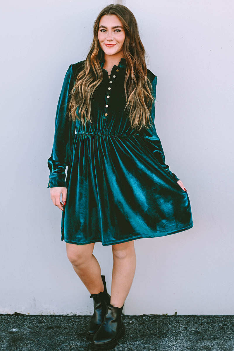 *Website Exclusive* Green Velvet Frill Neckline Buttoned Front Ruffle Mini Dress