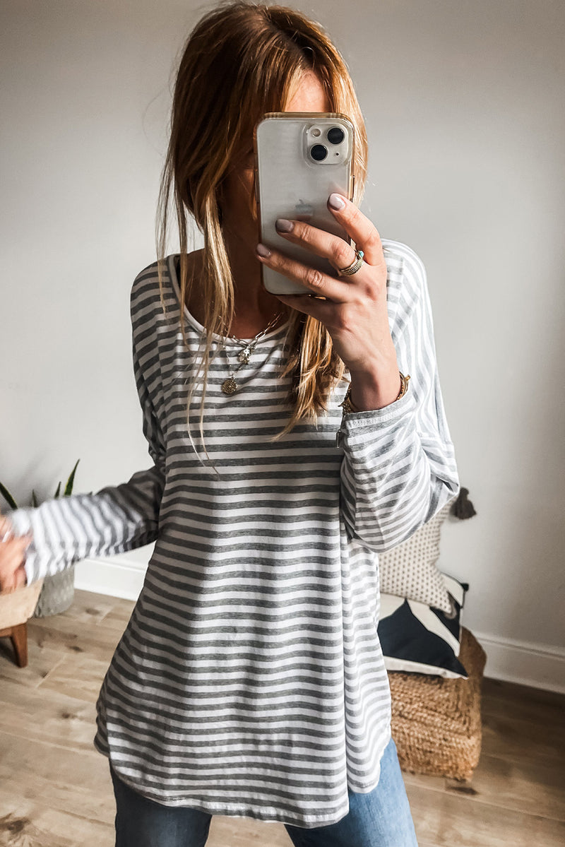 *WEBSITE EXCLUSIVE* Gray Stripe Drop Sleeve Round Neck Oversized Top