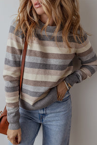 *WEBSITE EXCLUSIVE* Sarah Gray Striped Ribbed Edge Round Neck Sweater