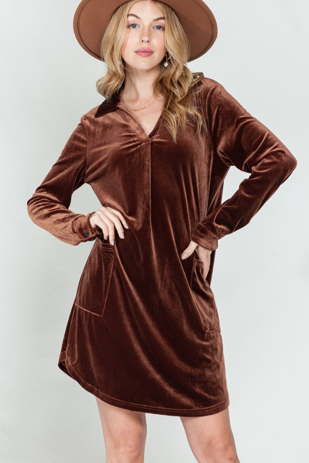 *Website Exclusive* Coffee Roll Tab Sleeve Collared V Neck Velvet Dress