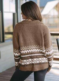 *Website Exclusive* Brown Geometric Print Ribbed Trim Zipper Collar Sweater