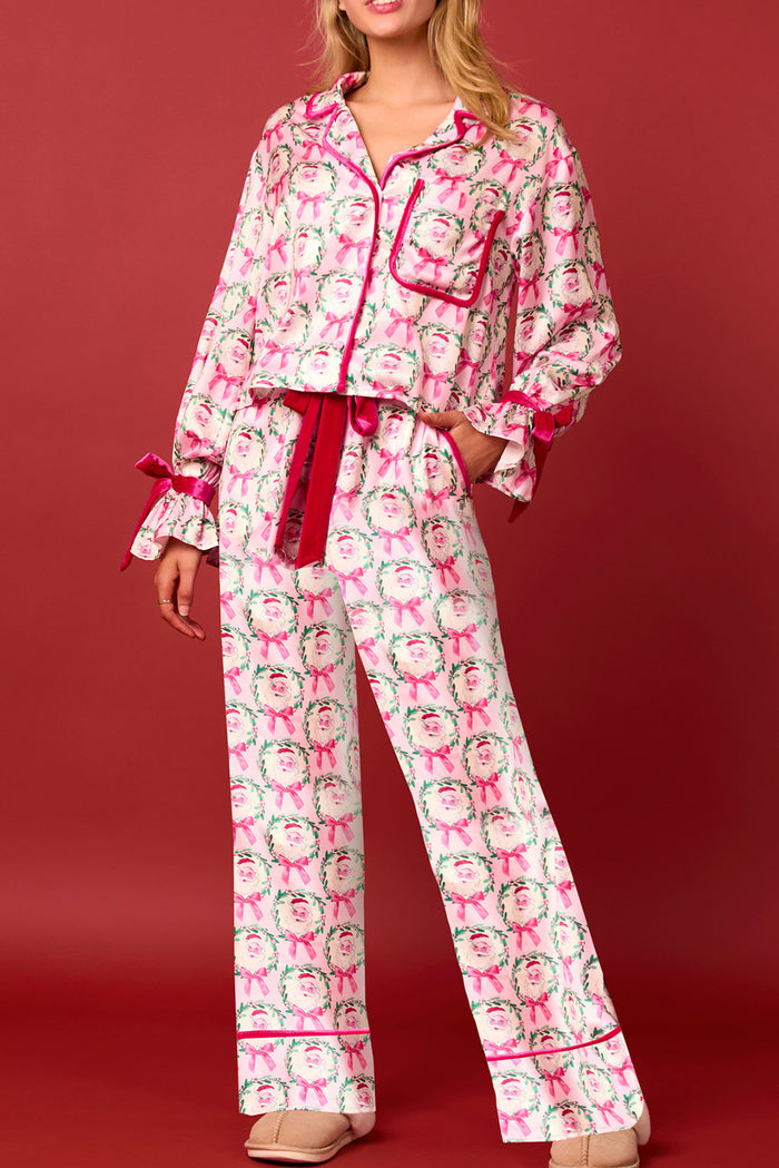 *Website Exclusive* Estimated Ship Date 11/27 Pink Santa Claus Bow Long Sleeve Lapel Collar Pajama Set